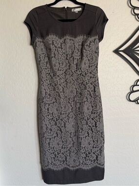 De Collection Gray Eyelash Lace Overlay Cap Sleeve Sheath Dress - NEW - S